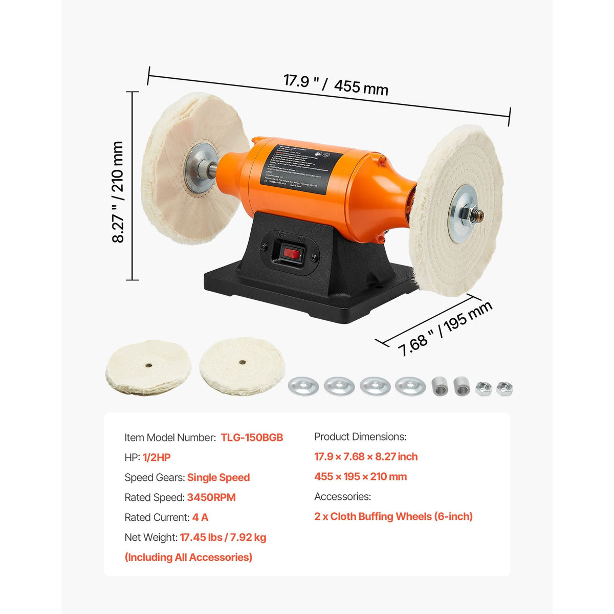1/2HP Bench Buffer Polisher, 6-inch Bench Polishing Buffing Machine, 3450RPM Single Speed Benchtop Polisher with 2PCS Cloth Wheels & Cast Iron Base for Metal, Jewelry, Wood Polishing