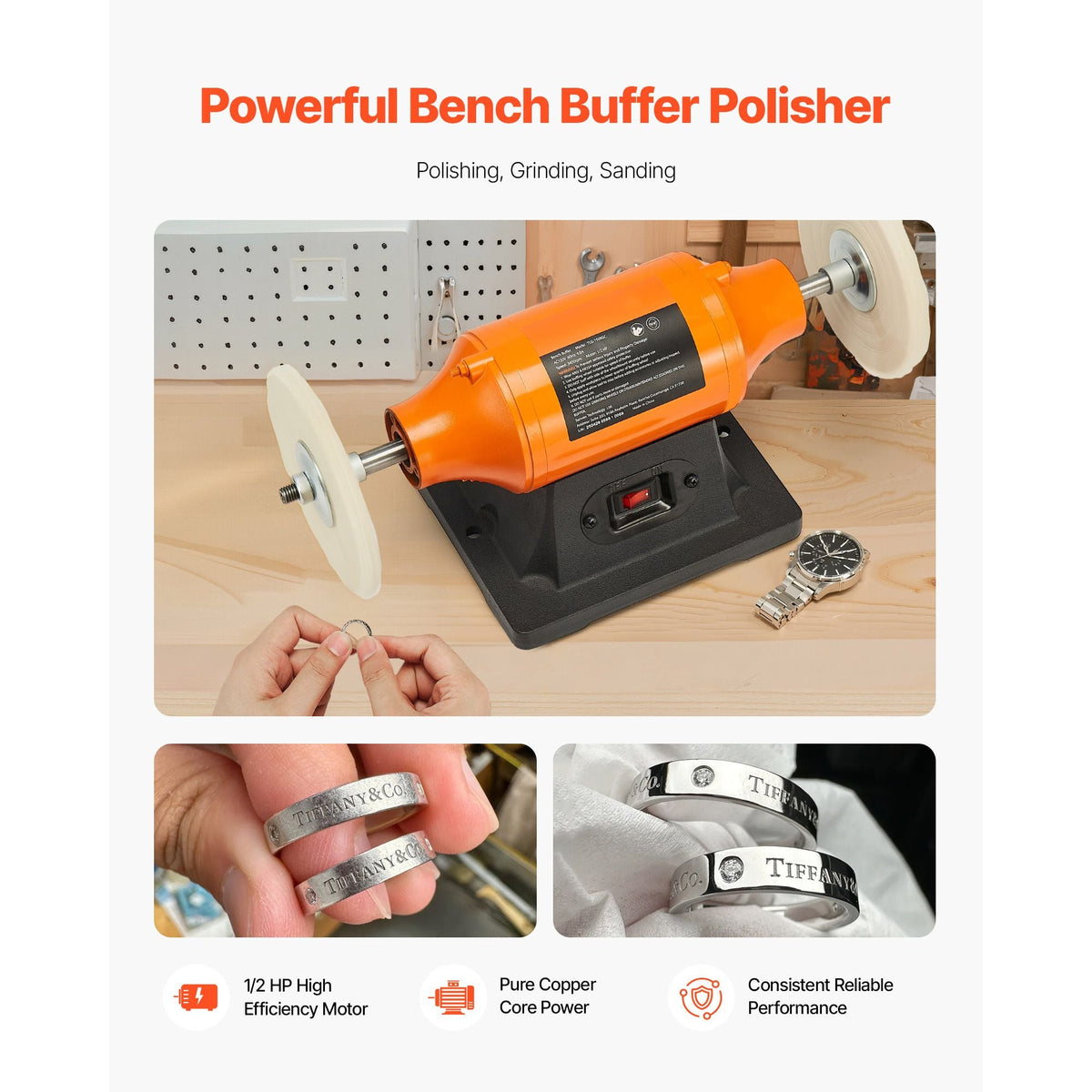 1/2HP Bench Buffer Polisher, 6-inch Bench Polishing Buffing Machine, 3450RPM Single Speed Benchtop Polisher with 2PCS Cloth Wheels & Cast Iron Base for Metal, Jewelry, Wood Polishing