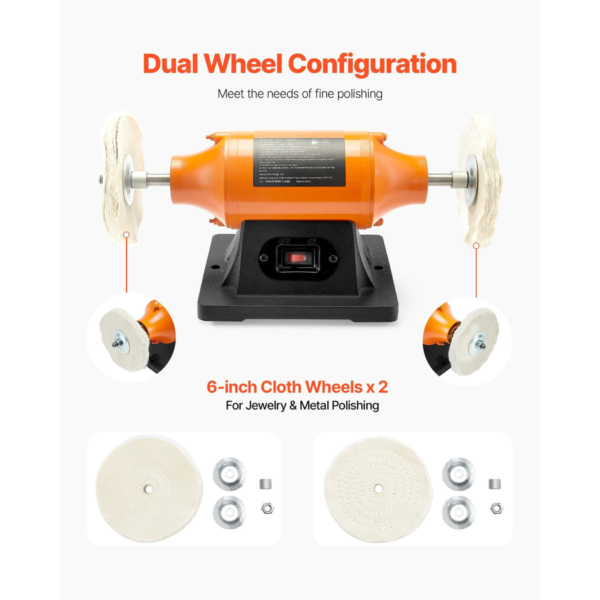 1/2HP Bench Buffer Polisher, 6-inch Bench Polishing Buffing Machine, 3450RPM Single Speed Benchtop Polisher with 2PCS Cloth Wheels & Cast Iron Base for Metal, Jewelry, Wood Polishing