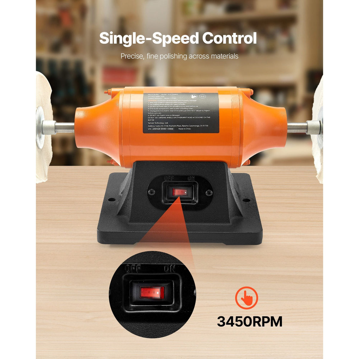 1/2HP Bench Buffer Polisher, 6-inch Bench Polishing Buffing Machine, 3450RPM Single Speed Benchtop Polisher with 2PCS Cloth Wheels & Cast Iron Base for Metal, Jewelry, Wood Polishing