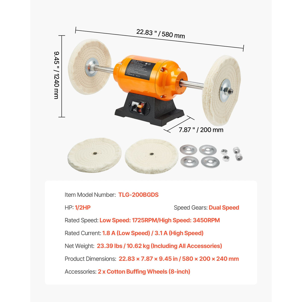 1/2HP Bench Buffer Polisher, 8-inch Bench Polishing Buffing Machine, 1725RPM/3450RPM Dual Speed Benchtop Polisher with 2PCS Cotton Wheels & Cast Iron Base for Metal, Jewelry, Wood Polishing