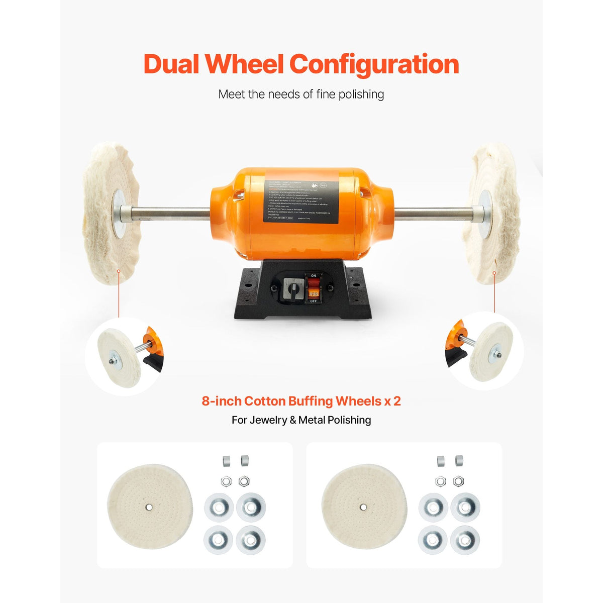 1/2HP Bench Buffer Polisher, 8-inch Bench Polishing Buffing Machine, 1725RPM/3450RPM Dual Speed Benchtop Polisher with 2PCS Cotton Wheels & Cast Iron Base for Metal, Jewelry, Wood Polishing