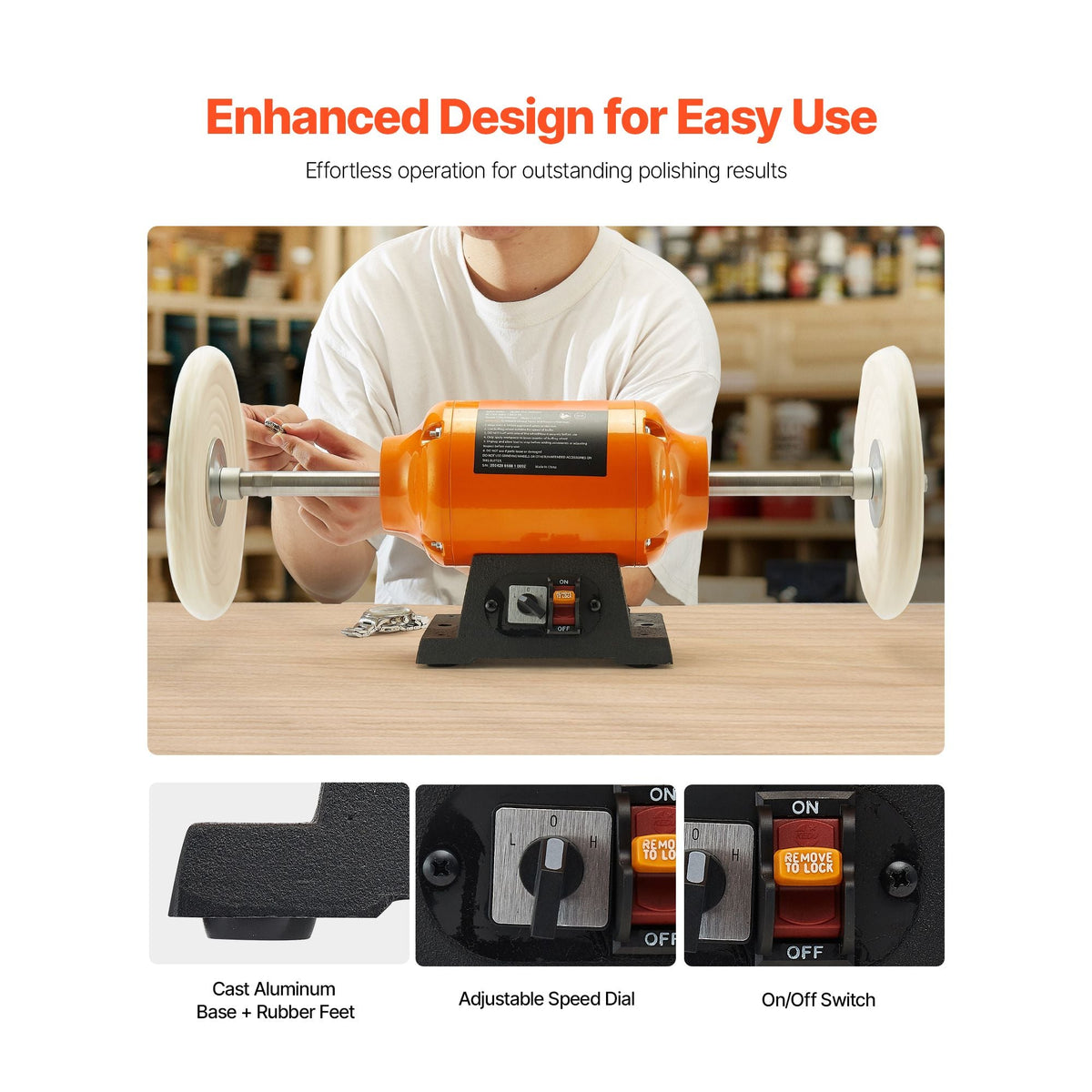 1/2HP Bench Buffer Polisher, 8-inch Bench Polishing Buffing Machine, 1725RPM/3450RPM Dual Speed Benchtop Polisher with 2PCS Cotton Wheels & Cast Iron Base for Metal, Jewelry, Wood Polishing