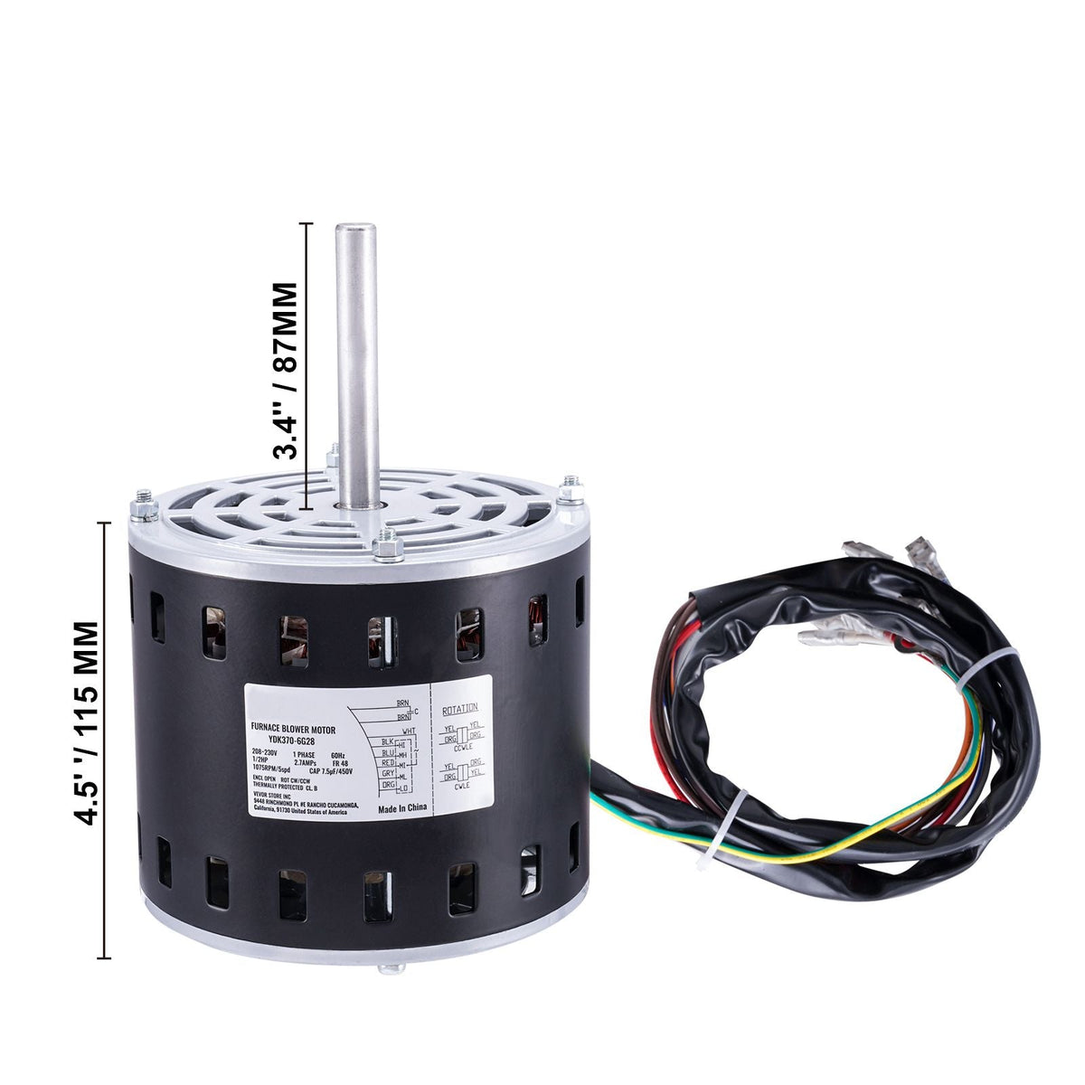 1/2HP Furnace Blower Motor, 208/230V 2.7Amps, 1075RPM 5 Speeds, CW/CCW Rotation, 48 Frame 3.4" Shaft Length, 7.5μF/450V Capacitor + 11" Hold Hoop