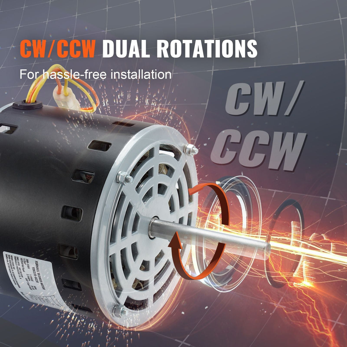 1/2HP Furnace Blower Motor, 208/230V 2.7Amps, 1075RPM 5 Speeds, CW/CCW Rotation, 48 Frame 3.4" Shaft Length, 7.5μF/450V Capacitor + 11" Hold Hoop