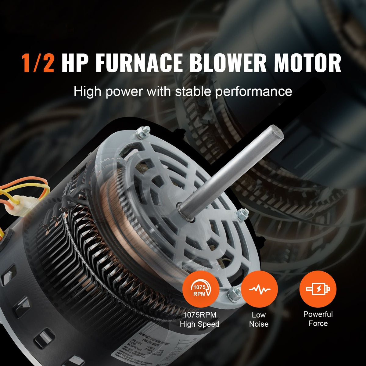 1/2HP Furnace Blower Motor, 208/230V 2.7Amps, 1075RPM 5 Speeds, CW/CCW Rotation, 48 Frame 3.4" Shaft Length, 7.5μF/450V Capacitor + 11" Hold Hoop
