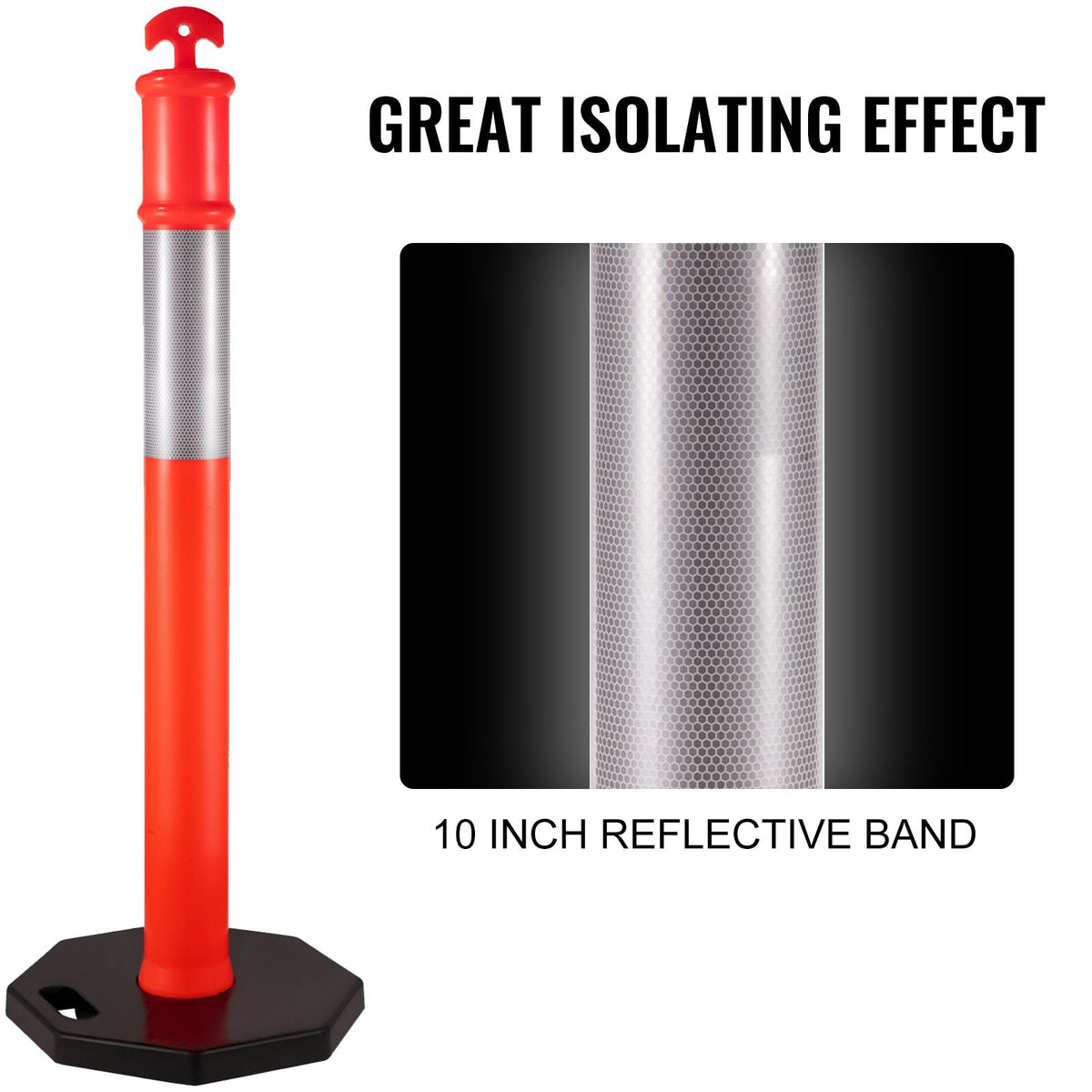 12Pack Traffic Delineator Posts 44 Inch Height, Channelizer Cones Post Kit 10 inch Reflective Band, Delineators Post with Rubber Base 16 inch for Construction Sites, Facility Management etc.
