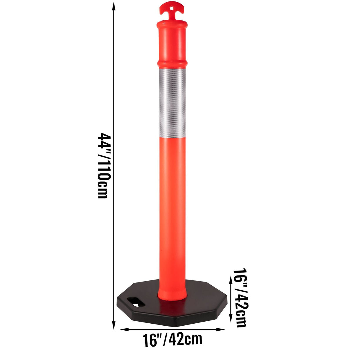 12Pack Traffic Delineator Posts 44 Inch Height, Channelizer Cones Post Kit 10 inch Reflective Band, Delineators Post with Rubber Base 16 inch for Construction Sites, Facility Management etc.