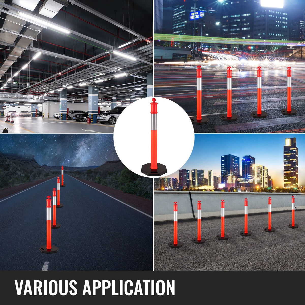 12Pack Traffic Delineator Posts 44 Inch Height, Channelizer Cones Post Kit 10 inch Reflective Band, Delineators Post with Rubber Base 16 inch for Construction Sites, Facility Management etc.