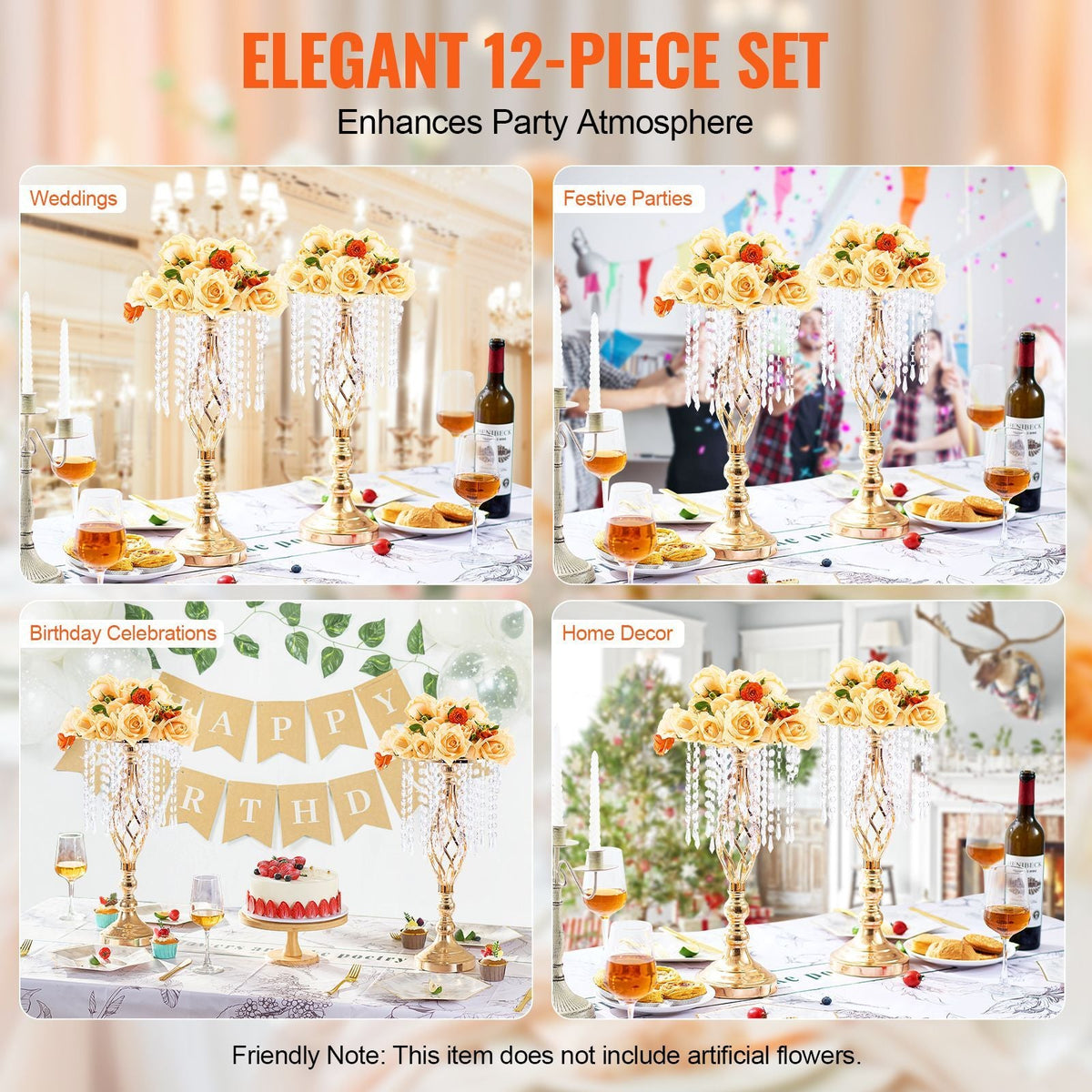 12PCS 49cm/19.3' Tall Crystal Wedding Flower Stand, Metal Wedding Centerpiece Vase, Gold Flower Holders Floral Display Rack for Tables Wedding Dinner Party, Ceremony Birthday Event Decor