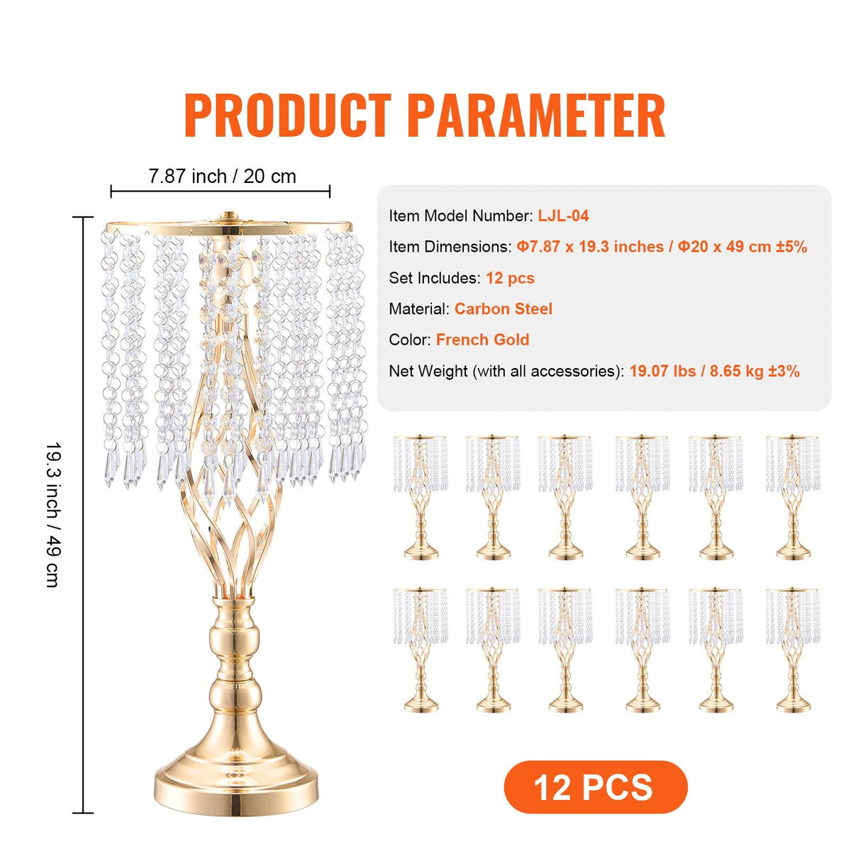 12PCS 49cm/19.3' Tall Crystal Wedding Flower Stand, Metal Wedding Centerpiece Vase, Gold Flower Holders Floral Display Rack for Tables Wedding Dinner Party, Ceremony Birthday Event Decor