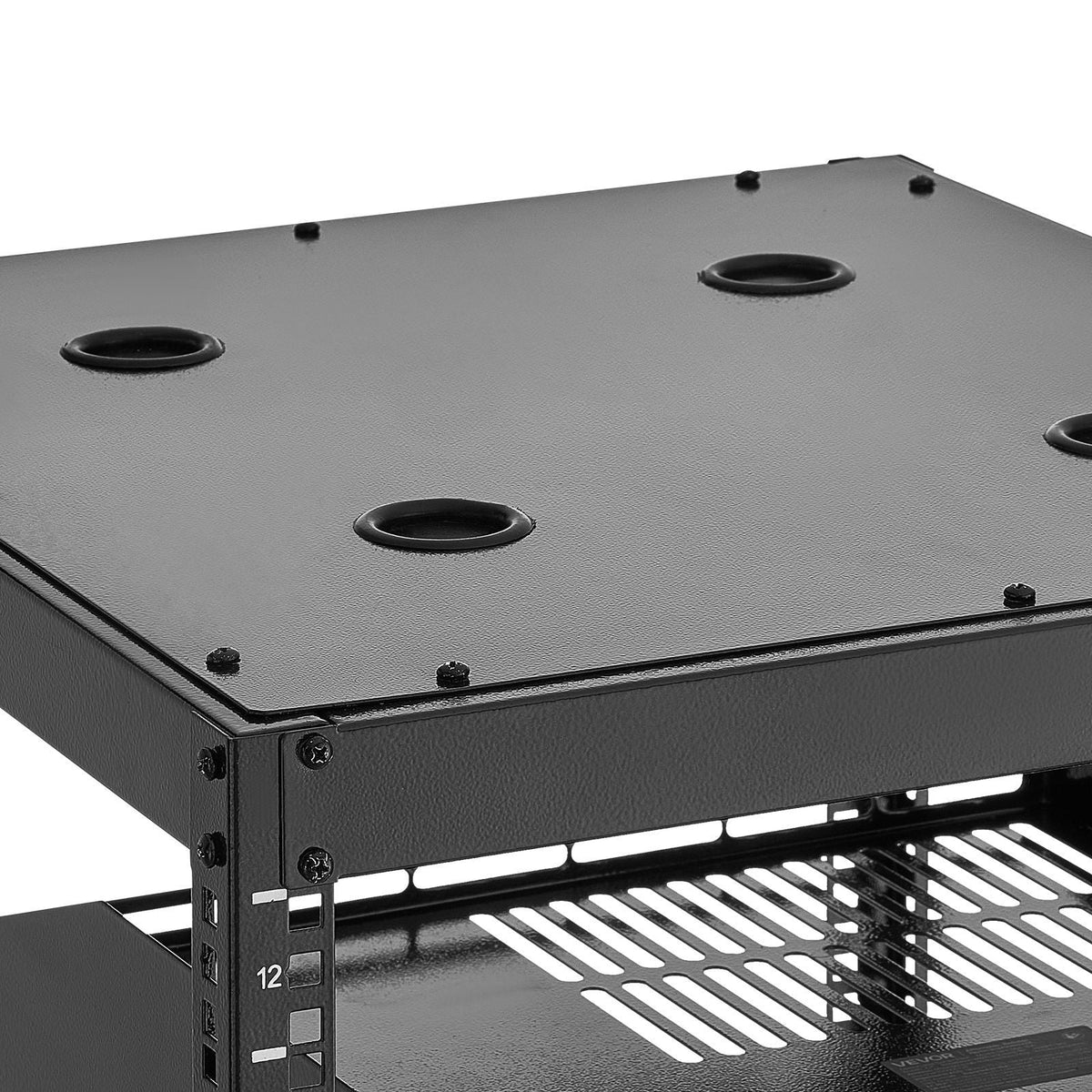 12U Open Frame Network Rack, 23 in Depth, Wall Mounted or Floor Standing Server Rack, Heavy Duty 4 Post, with Vented Shelves & Mounting Hardware, Holds All Your Networking IT Equipment AV Gear