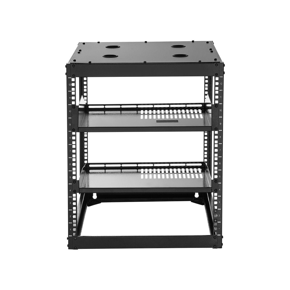 12U Open Frame Network Rack, 23 in Depth, Wall Mounted or Floor Standing Server Rack, Heavy Duty 4 Post, with Vented Shelves & Mounting Hardware, Holds All Your Networking IT Equipment AV Gear