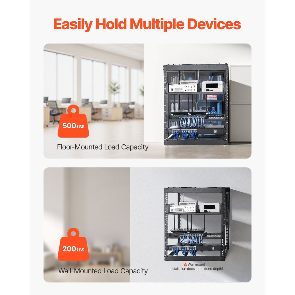 12U Open Frame Network Rack, 23 in Depth, Wall Mounted or Floor Standing Server Rack, Heavy Duty 4 Post, with Vented Shelves & Mounting Hardware, Holds All Your Networking IT Equipment AV Gear