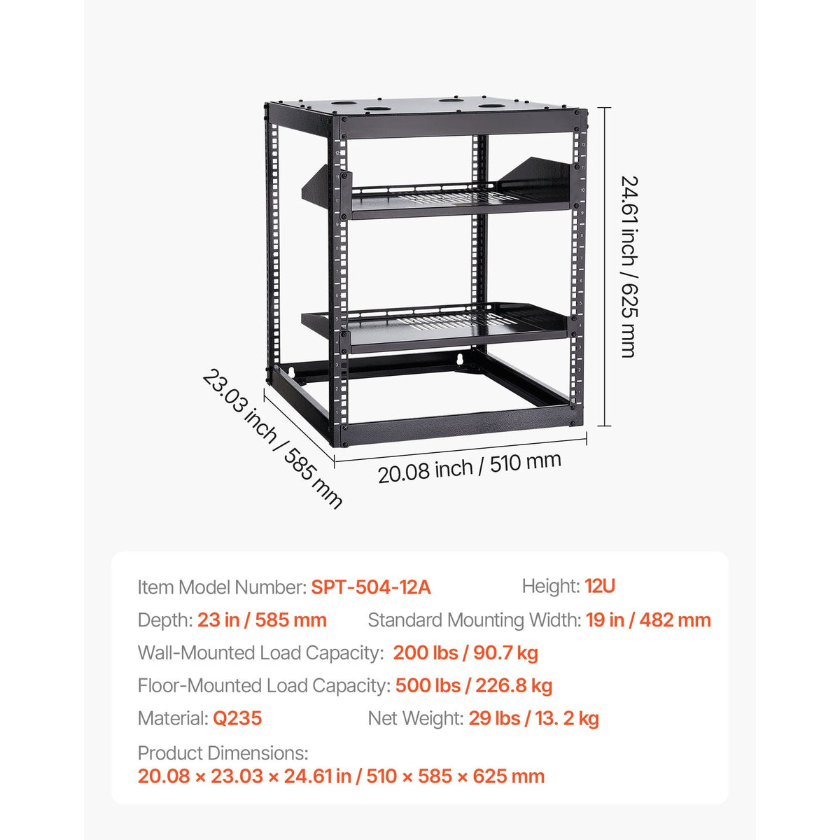12U Open Frame Network Rack, 23 in Depth, Wall Mounted or Floor Standing Server Rack, Heavy Duty 4 Post, with Vented Shelves & Mounting Hardware, Holds All Your Networking IT Equipment AV Gear
