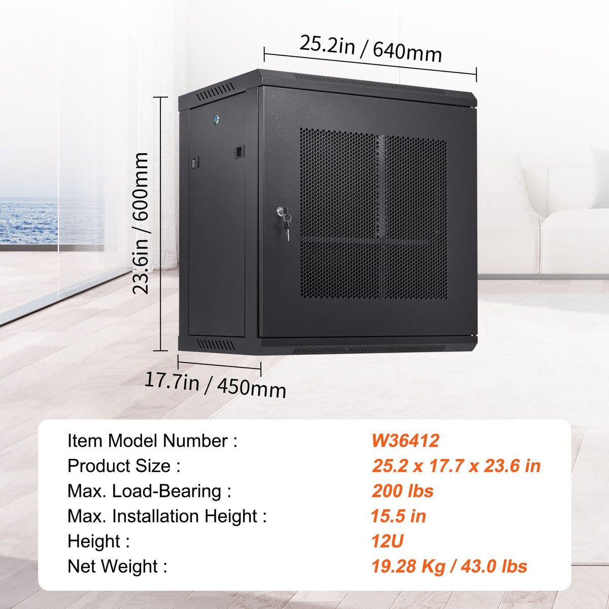 12U Wall Mount Server Cabinet, 15.5'' Depth, Network Rack Enclosure, Supports up to 200 lbs, Secure Locking System, Ideal for IT Hardware, Audio/Video Components