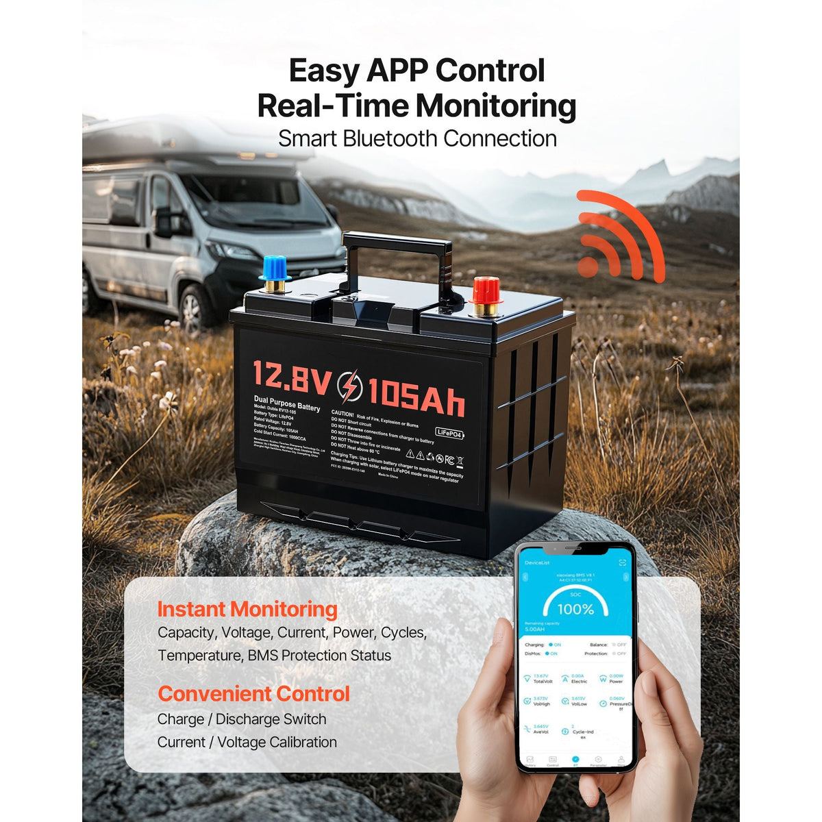 12V 105Ah Dual Purpose LiFePO4 Lithium Battery, 1000 CCA Group 24, Lithium-ion Starter Battery Plus Deep Cycle, Built-in Smart BMS, Car Start-Stop, for Automotive, Trolling Motor, Marine, RV