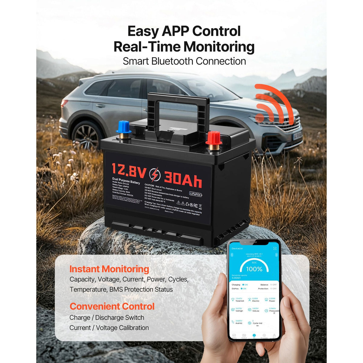 12V 30Ah Dual Purpose LiFePO4 Lithium Battery, 600 CCA Group 47, Car Start-Stop Lithium-ion Starter Battery Plus Deep Cycle, Built-in Smart BMS, for Automotive, Trolling Motor, Engine Starting