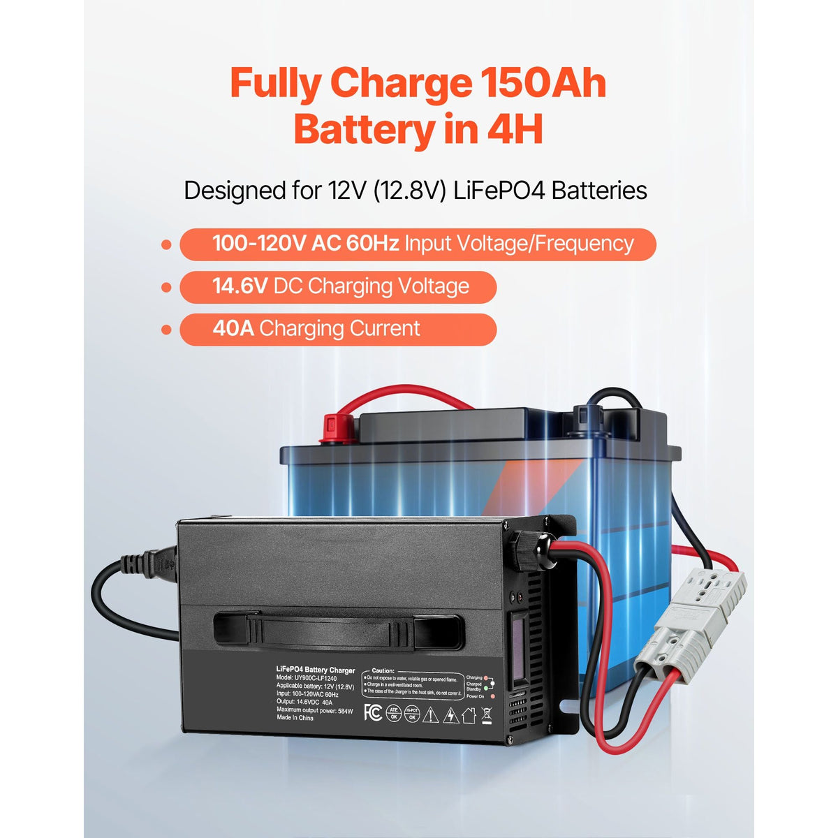 12V 40A Lithium Battery Charger, 14.6V, AC-DC LiFePO4 Smart Charger, with Anderson Connector, LED Indicator, 0V Activation, for Lithium LiFePO4 Deep Cycle Rechargeable Batteries of Boat, RV