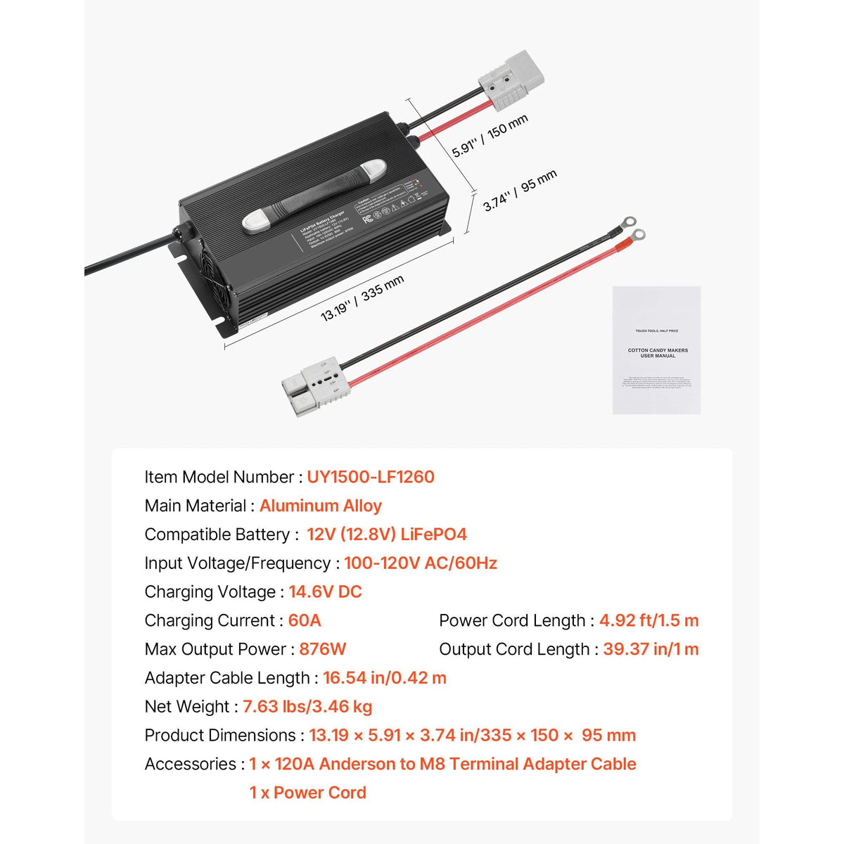 12V 60A Lithium Battery Charger, 14.6V, AC-DC LiFePO4 Smart Charger, with Anderson Connector, LED Indicator, 0V Activation, for Lithium LiFePO4 Deep Cycle Rechargeable Batteries of Boat, RV