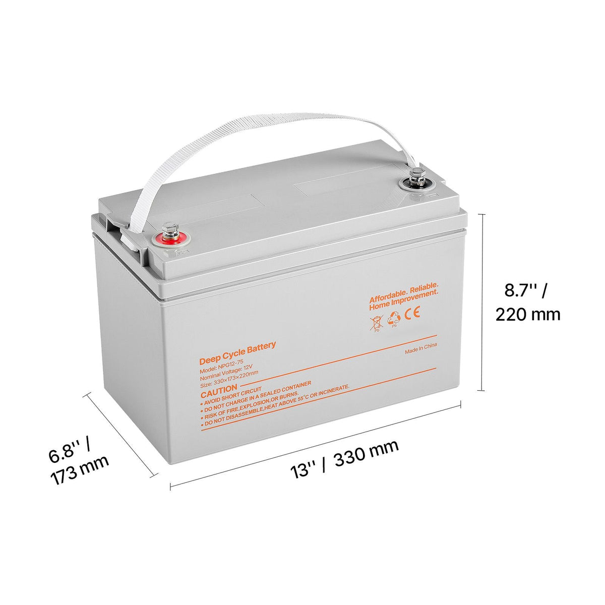 12V 75Ah Deep Cycle Battery, Sealed AGM Technology, Rechargeable Lead Acid AGM Battery, Backup Replacement for Scooters, Electric Mobility Wheelchair, Solar System Off-Grid Home Energy Storage