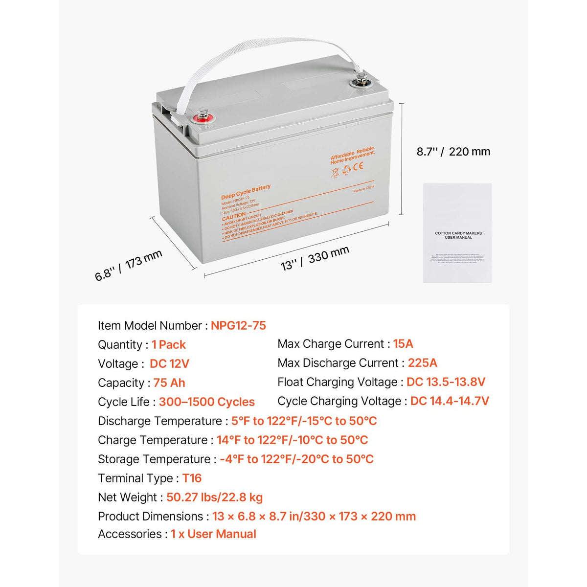 12V 75Ah Deep Cycle Battery, Sealed AGM Technology, Rechargeable Lead Acid AGM Battery, Backup Replacement for Scooters, Electric Mobility Wheelchair, Solar System Off-Grid Home Energy Storage