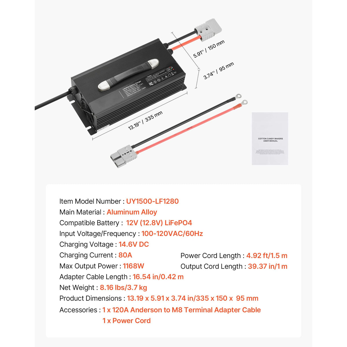 12V 80A Lithium Battery Charger, 14.6V, AC-DC LiFePO4 Smart Charger, with Anderson Connector, LED Indicator, 0V Activation, for Lithium LiFePO4 Deep Cycle Rechargeable Batteries of Boat, RV