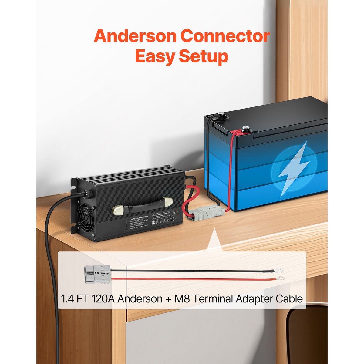 12V 80A Lithium Battery Charger, 14.6V, AC-DC LiFePO4 Smart Charger, with Anderson Connector, LED Indicator, 0V Activation, for Lithium LiFePO4 Deep Cycle Rechargeable Batteries of Boat, RV