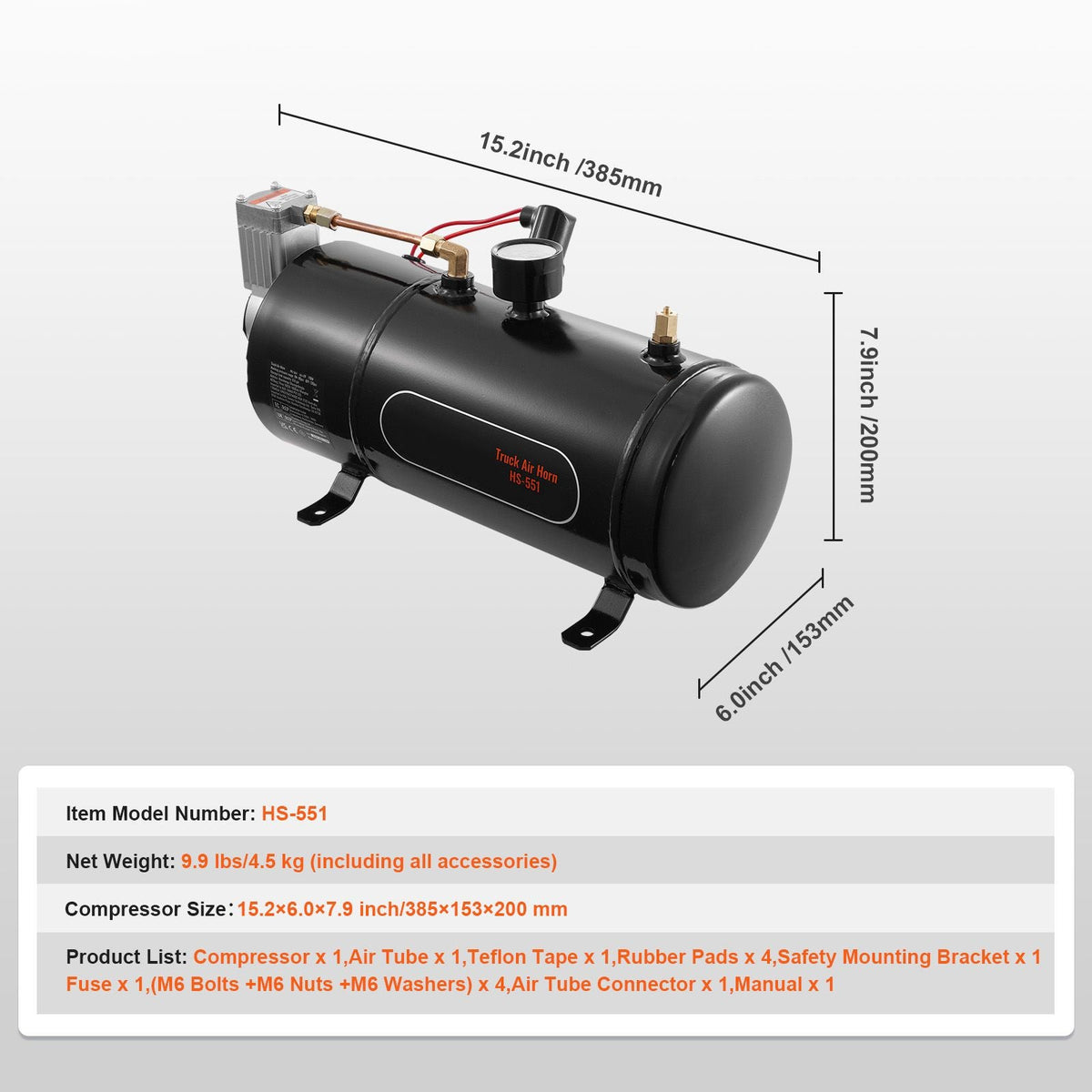 12V Air Compressor with Tank 0.8 Gallon/3 L, Train Horn Air Compressor, 120 psi Working Pressure Onboard Air Compressor System for Train Air Horns, Inflating Tires, Air Mattresses