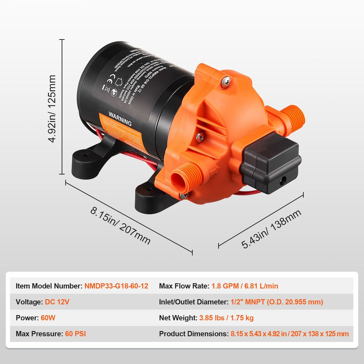 12V Diaphragm Pump, 1.8 GPM (6.81 L/min), 3-Chamber 12 Volt DC Water Pump with Automatic Pressure Switch 40-100 PSI Adjustable, 60 PSI, 1/2'' MNPT Port, for RV Yacht Food Truck Camper Marine