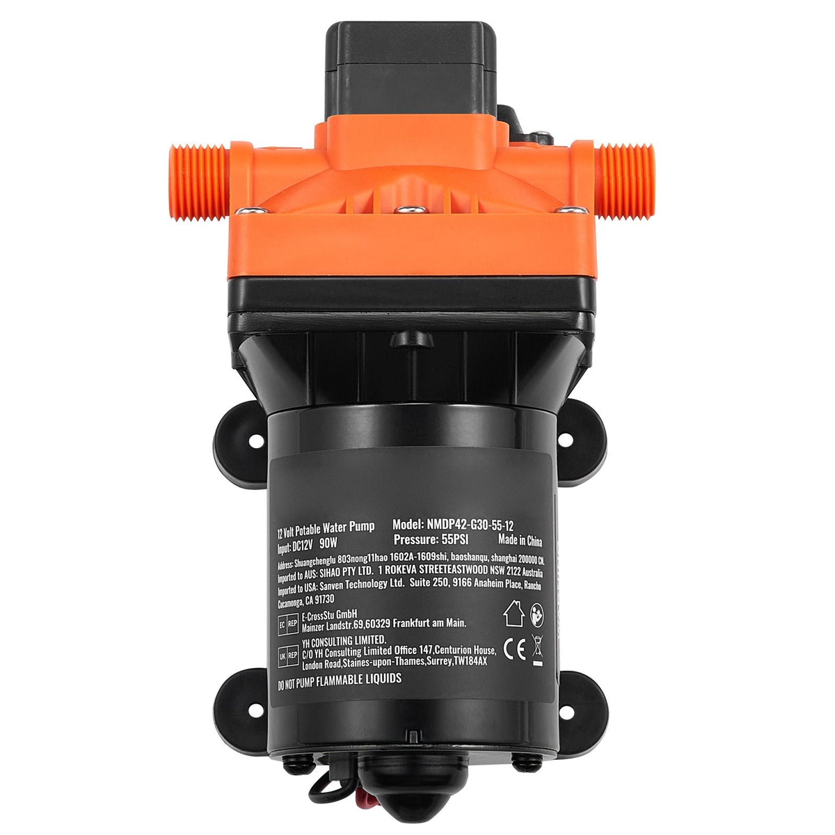 12V Diaphragm Pump, 3 GPM (11.36 L/min), 4-Chamber 12 Volt DC Water Pump with Automatic Pressure Switch 40-100 PSI Adjustable, 55 PSI, 1/2'' MNPT Port, for RV Yacht Food Truck Camper Marine