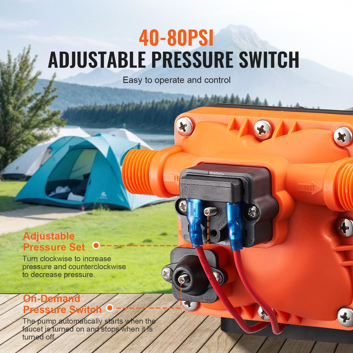 12V Diaphragm Pump, 3 GPM (11.36 L/min), 4-Chamber 12 Volt DC Water Pump with Automatic Pressure Switch 40-100 PSI Adjustable, 55 PSI, 1/2'' MNPT Port, for RV Yacht Food Truck Camper Marine