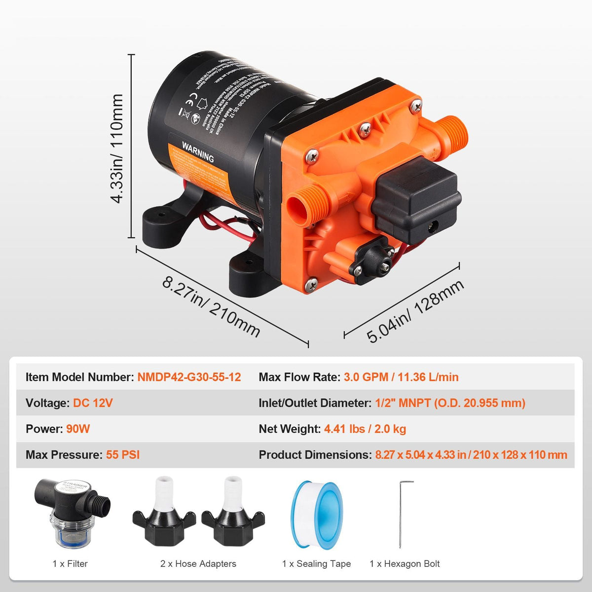 12V Diaphragm Pump, 3 GPM (11.36 L/min), 4-Chamber 12 Volt DC Water Pump with Automatic Pressure Switch 40-100 PSI Adjustable, 55 PSI, 1/2'' MNPT Port, for RV Yacht Food Truck Camper Marine