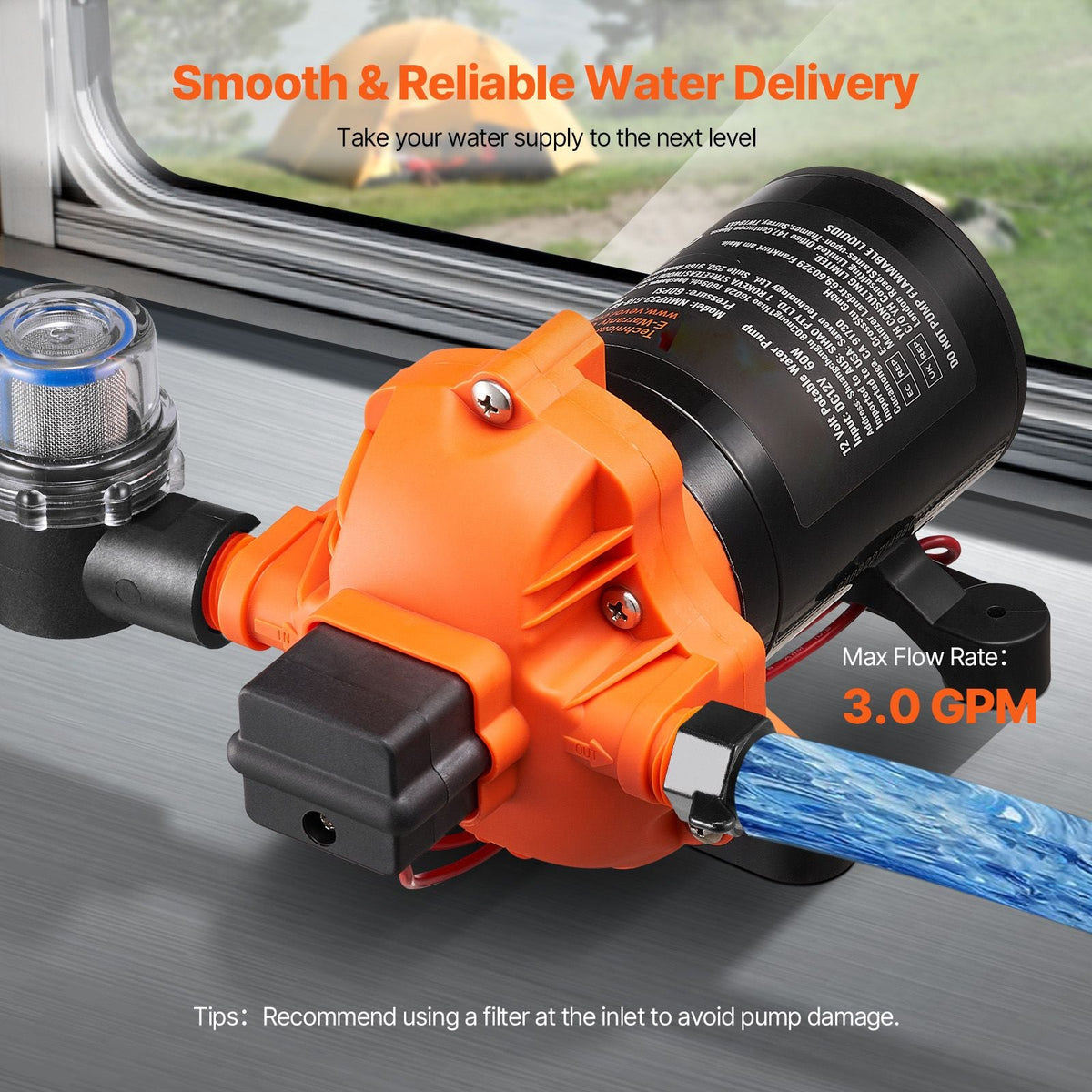 12V Diaphragm Pump, 3 GPM (11.36 L/min), 4-Chamber 12 Volt DC Water Pump with Automatic Pressure Switch 40-100 PSI Adjustable, 55 PSI, 1/2'' MNPT Port, for RV Yacht Food Truck Camper Marine