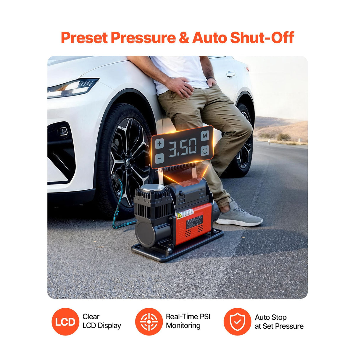 12V Heavy Duty Air Compressor, Auto-Stop Portable Tire Inflator with LCD Digital Display, 7.14 CFM 150PSI Offroad Air Pump with Adapters for Trucks Car SUV 4 x 4 Vehicle RV