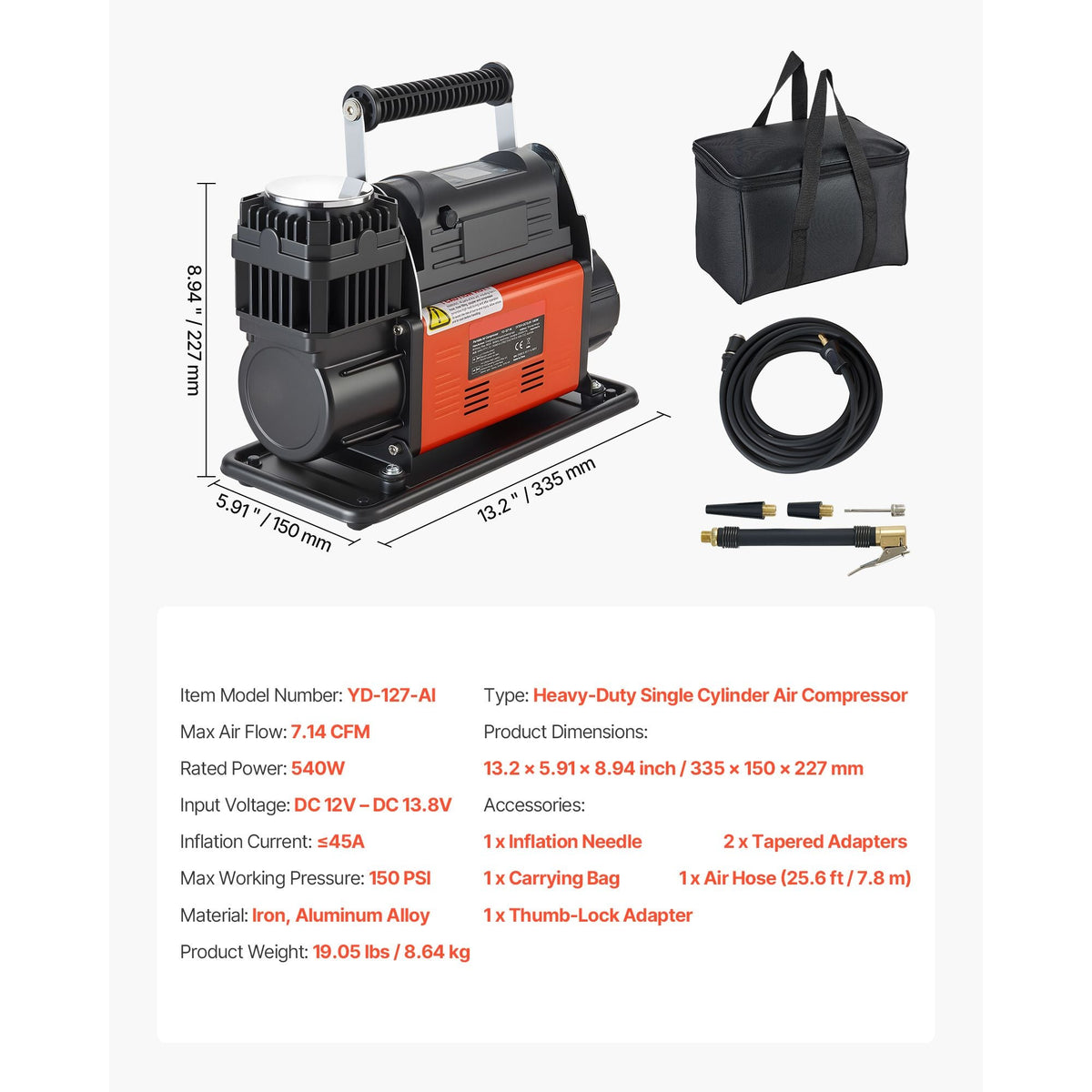 12V Heavy Duty Air Compressor, Auto-Stop Portable Tire Inflator with LCD Digital Display, 7.14 CFM 150PSI Offroad Air Pump with Adapters for Trucks Car SUV 4 x 4 Vehicle RV