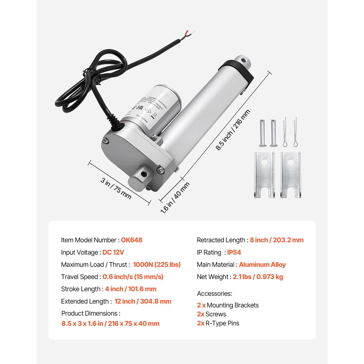 12V Linear Actuator, 4 Inch High Speed 0.6"/s Linear Motion Actuator, 225lbs/1000N with IP54 Protection & Mounting Bracket for Lift Desk, Recliner Chairs, Window Door Opener