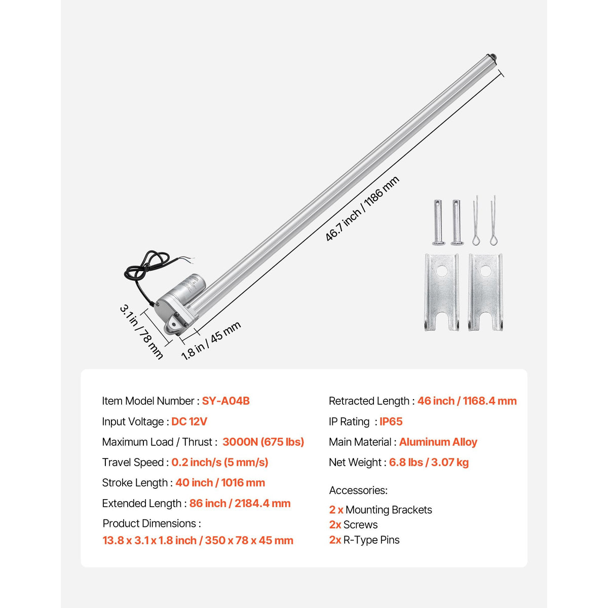 12V Linear Actuator, 40 Inch IP65 Waterproof Linear Actuator, 675lbs/3000N 0.2"/s Motion Actuators with Mounting Bracket for Outdoor Use
