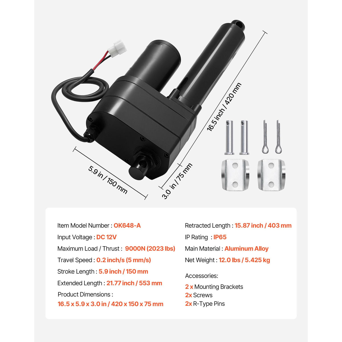 12V Linear Actuator, 6 Inch Ultra Heavy-Duty 2023lbs/9000N Linear Motion Actuator, IP65 Waterproof 0.2"/s with Mounting Brackets for Industrial Machinery Vessels, Heavy Lifting Systems