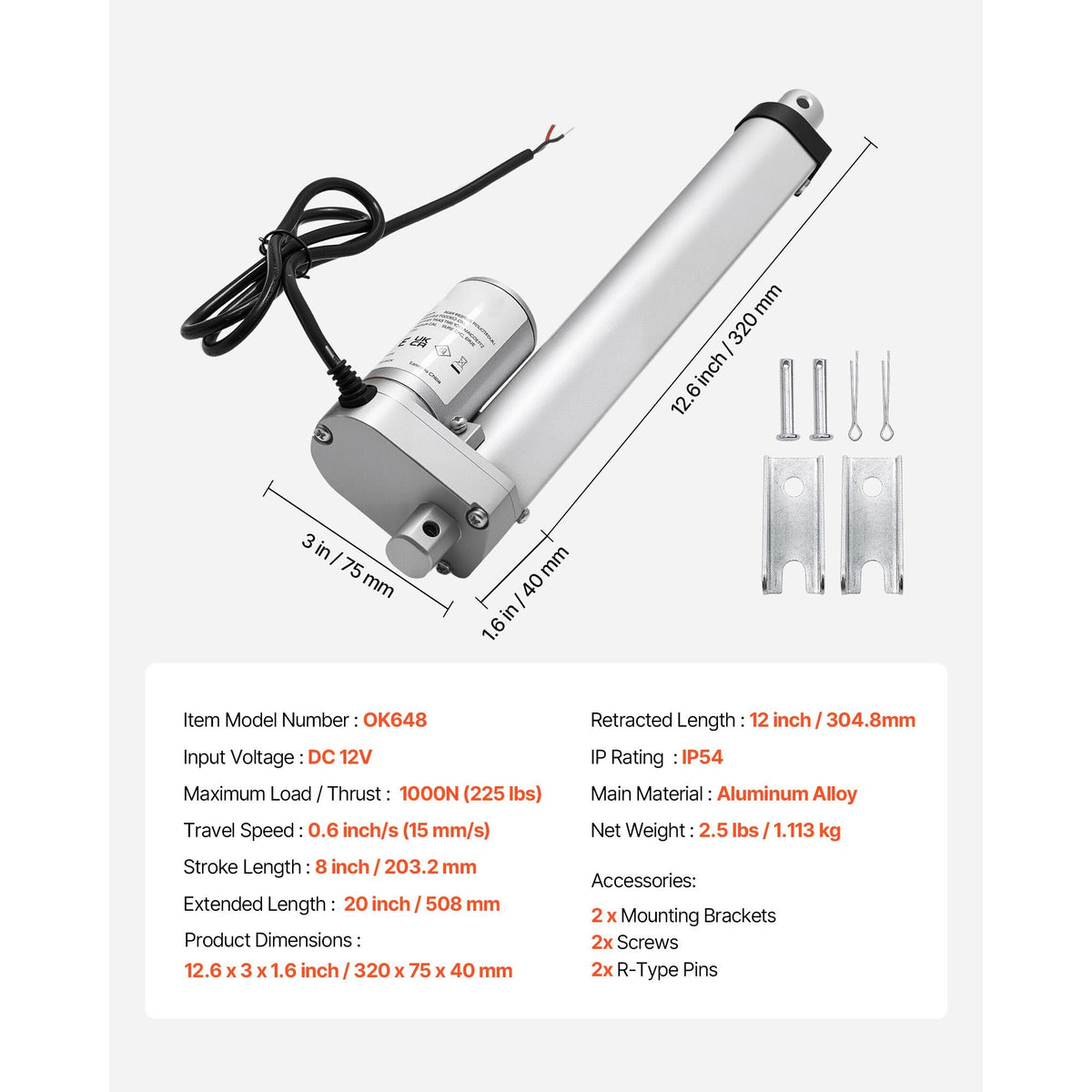 12V Linear Actuator, 8 Inch High Speed 0.6"/s Linear Motion Actuator, 225lbs/1000N with IP54 Protection & Mounting Bracket for Lift Desk, Recliner Chairs, Window Door Opener