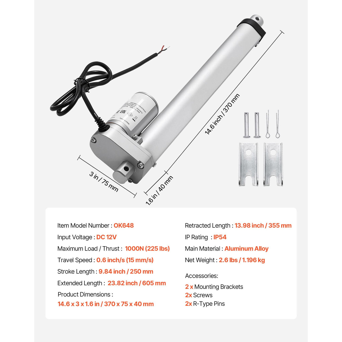 12V Linear Actuator, 9.84 Inch High Speed 0.6"/s Linear Motion Actuator, 225lbs/1000N with IP54 Protection & Mounting Bracket for Lift Desk, Recliner Chairs, Window Door Opener