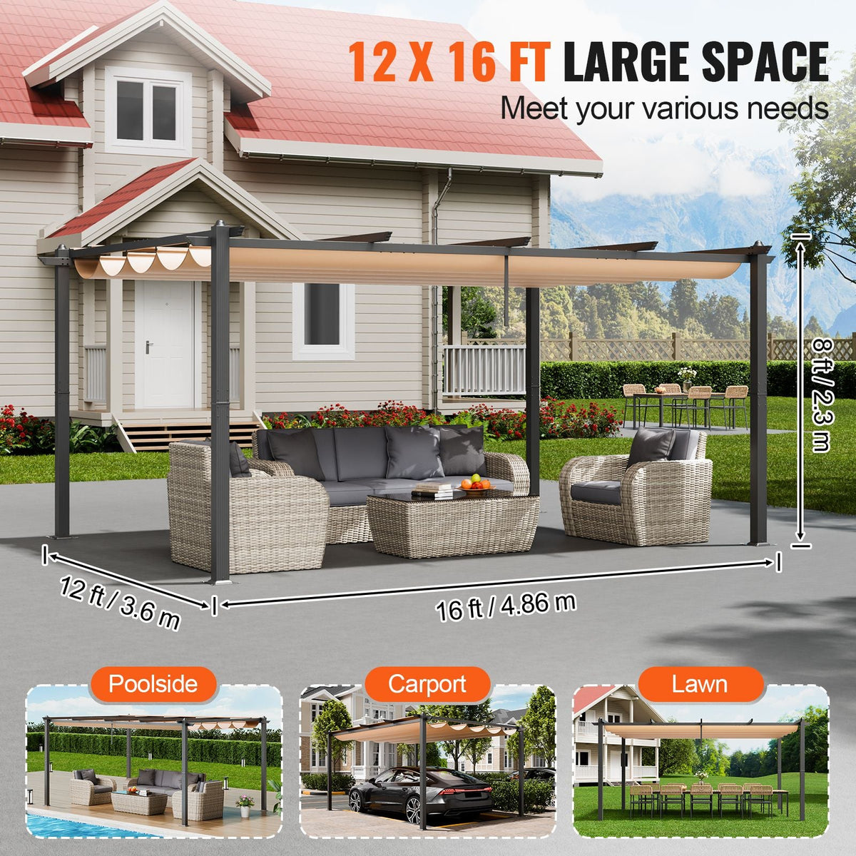 12'x16' Outdoor Retractable Pergola with Canopy, Aluminum Pergola with Retractable Canopy, Modern Pergola with Sun Shade Canopy for Patios, Gardens, Decks, Backyards (Beige)