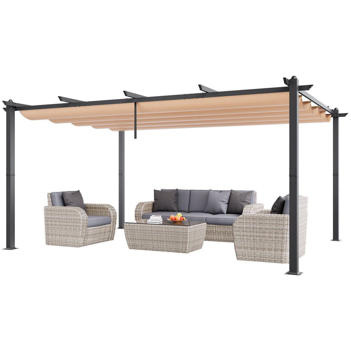 12'x16' Outdoor Retractable Pergola with Canopy, Aluminum Pergola with Retractable Canopy, Modern Pergola with Sun Shade Canopy for Patios, Gardens, Decks, Backyards (Beige)