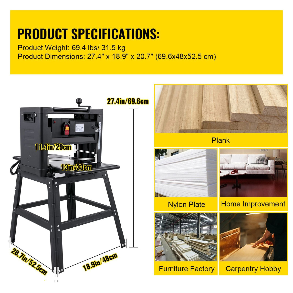 13-Inch Benchtop Thickness Planer, 2000W, 8000 rpm, 15 AMP, with Foldable Iron Stand and Dust Exhaust, 6m/min Planing Speed, Ideal for Woodworking and Wooden Plank Shaping