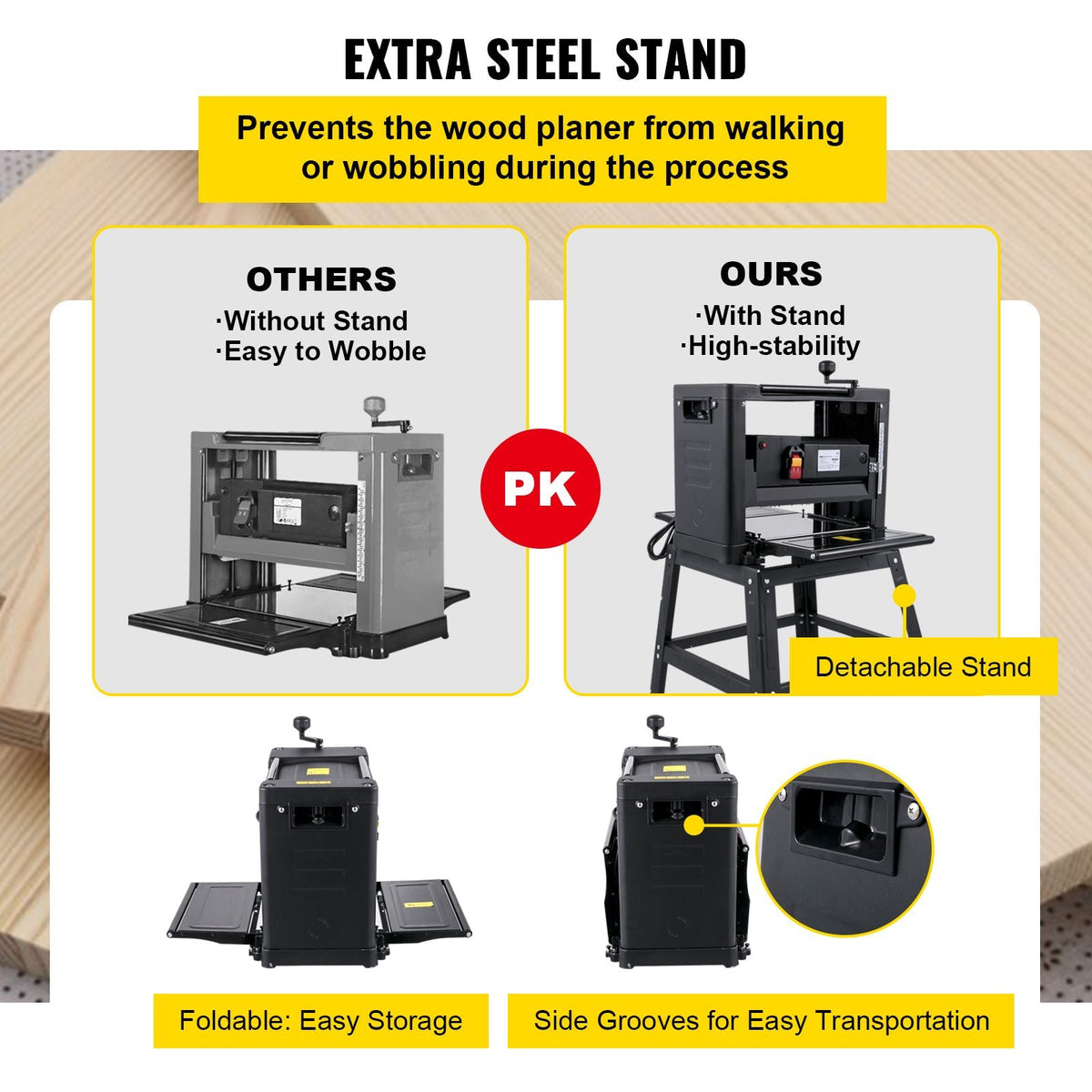 13-Inch Benchtop Thickness Planer, 2000W, 8000 rpm, 15 AMP, with Foldable Iron Stand and Dust Exhaust, 6m/min Planing Speed, Ideal for Woodworking and Wooden Plank Shaping