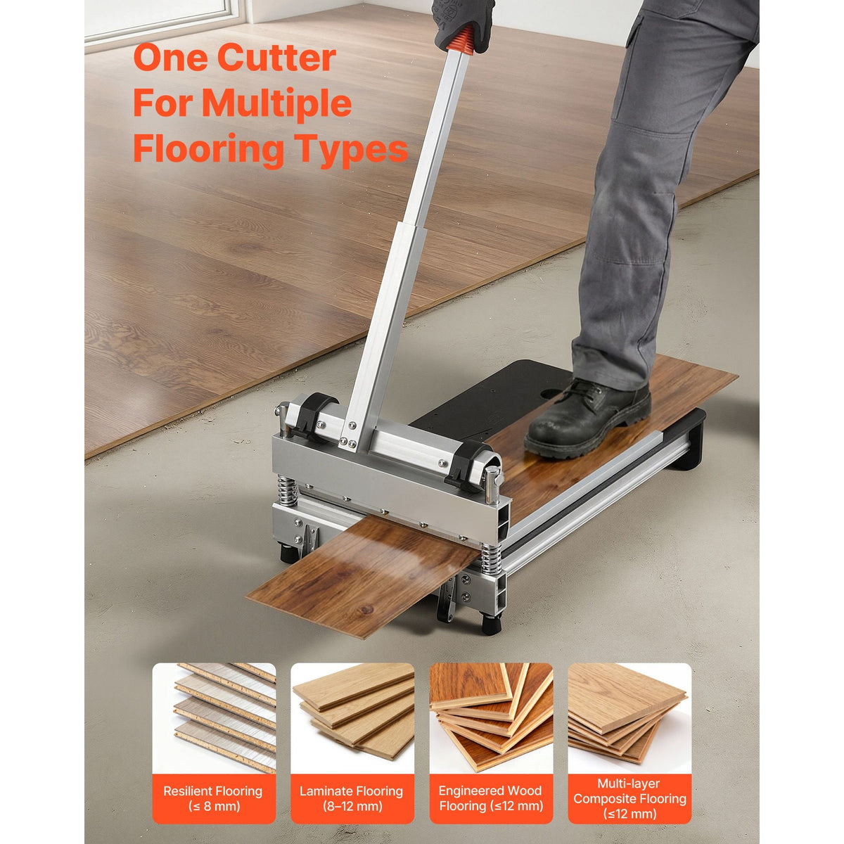 13 inch Vinyl Floor Cutter, 12mm Thick Laminate Flooring Cutter with 15°/30°/45° Adjustable Angle Settings, Flexible Wheels, Telescoping Handle, Certain Engineered Wood, LVT, VCT, SPC, LVP, WPC