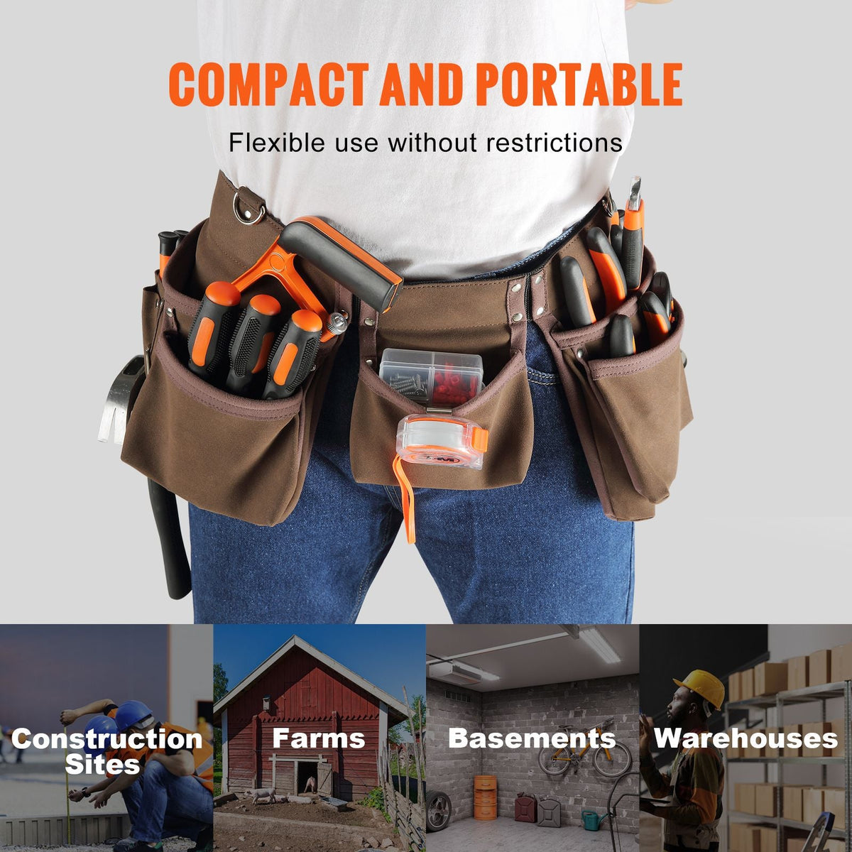 13 Pockets Tool Belt, Adjusts from 29 Inches to 54 Inches, Leather Heavy Duty Tool Pouch Bag with Dual Hammer Loops, Tool Bag for Electrician, Carpenter, Handyman, Construction, Framer, Brown