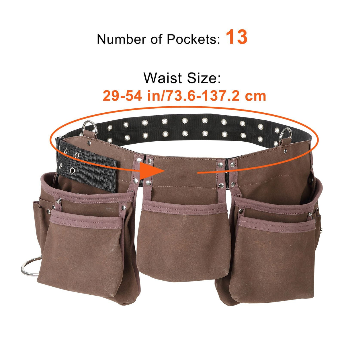 13 Pockets Tool Belt, Adjusts from 29 Inches to 54 Inches, Leather Heavy Duty Tool Pouch Bag with Dual Hammer Loops, Tool Bag for Electrician, Carpenter, Handyman, Construction, Framer, Brown