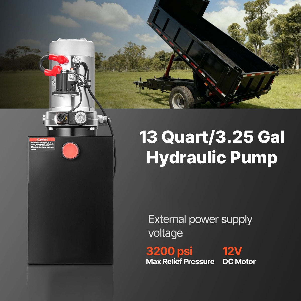 13 Quart Hydraulic Power Unit, Single Acting Dump Trailer Pump, 3200 PSI Max Relief Pressure & 0.91 GPM Flow Rate, DC 12V Hydraulic Pump with Metal Reservoir for Dump Trailer Car Lifting