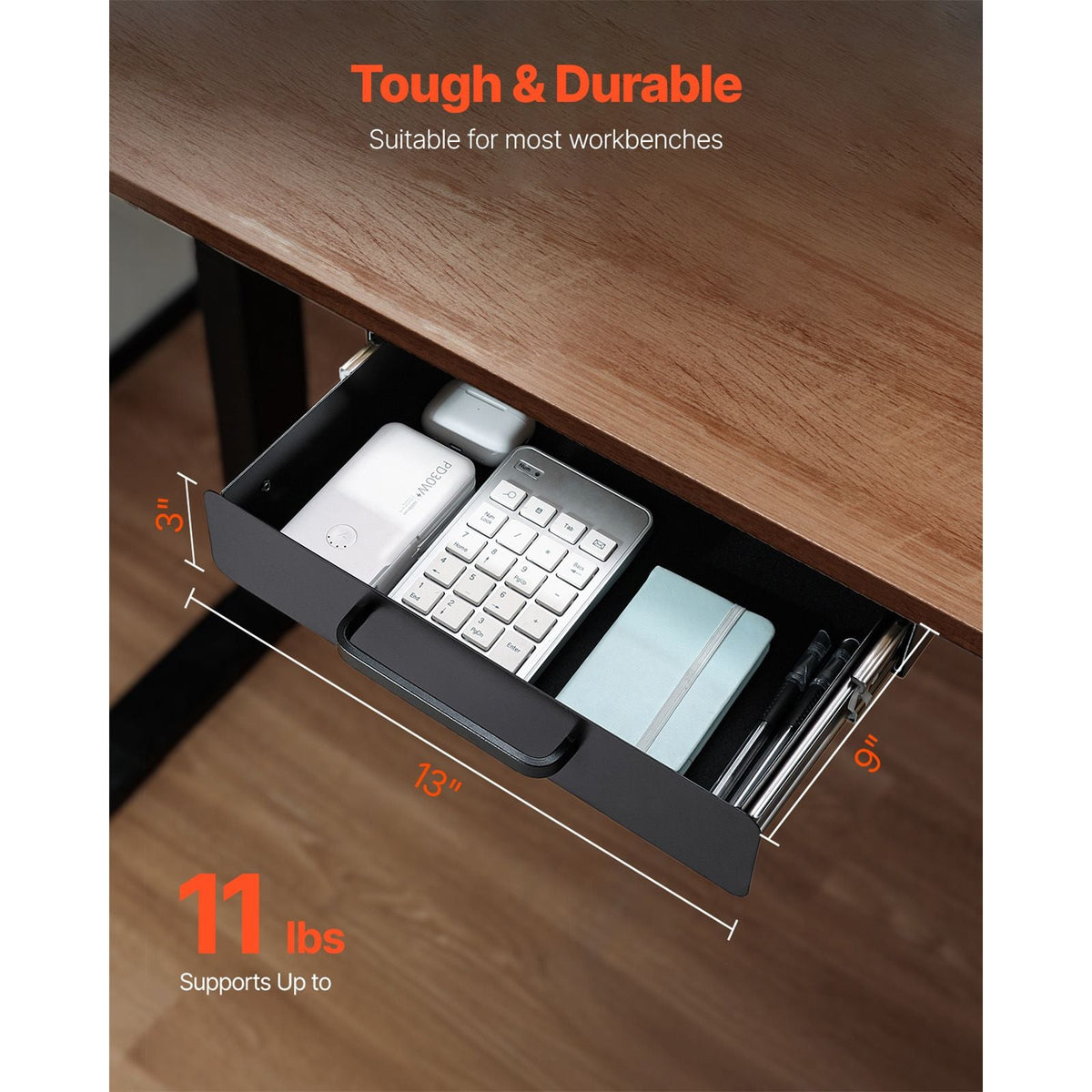 13" Wide Under Desk Drawer Slide Out, Under Desk Mounted Pull-out Drawer Attachment, Hidden Desktop Storage Organizer, Under Table Pencil Drawer for office Home Sit Stand Workstation, 15x9x3 in